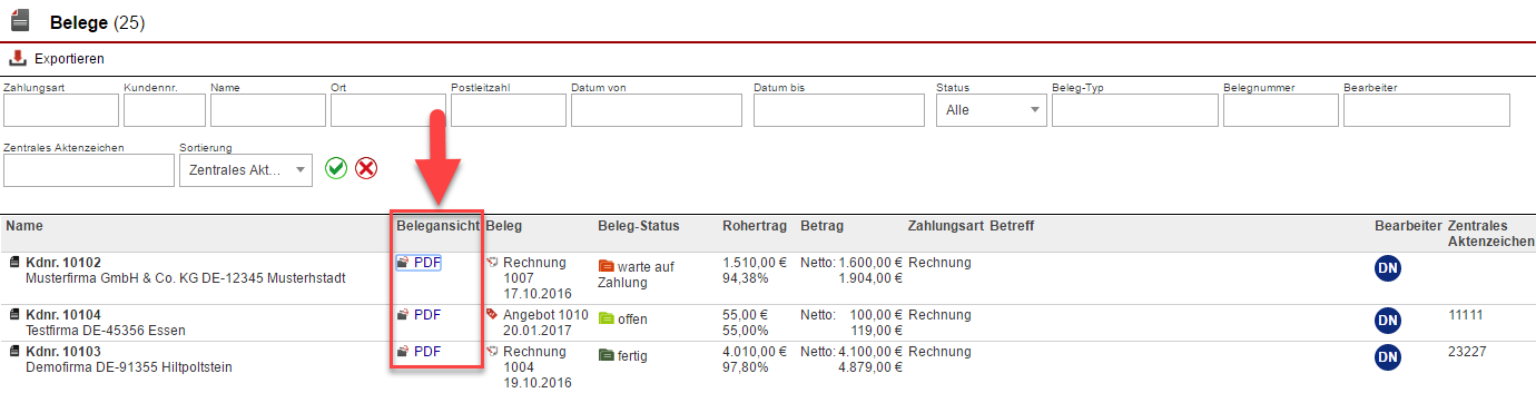 Screenshot Belegliste mit Markierung der Schaltflächen für die PDF-Ansicht