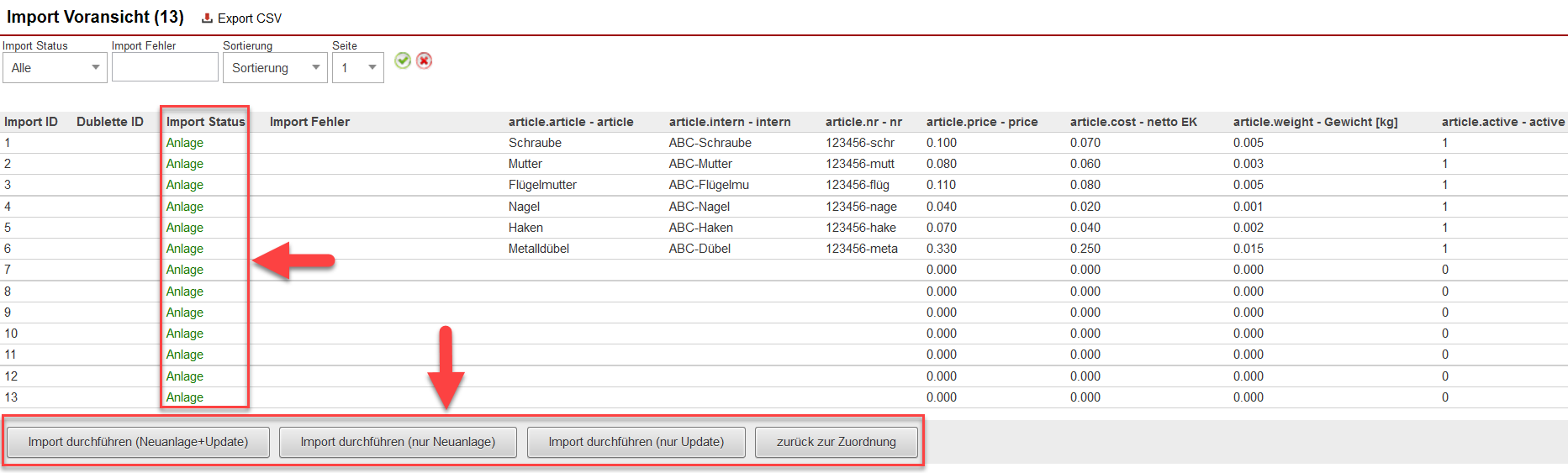 Screenshot Import-Voransicht mit Markierungen bei "Import Status" und den Buttons für den Start des Imports.