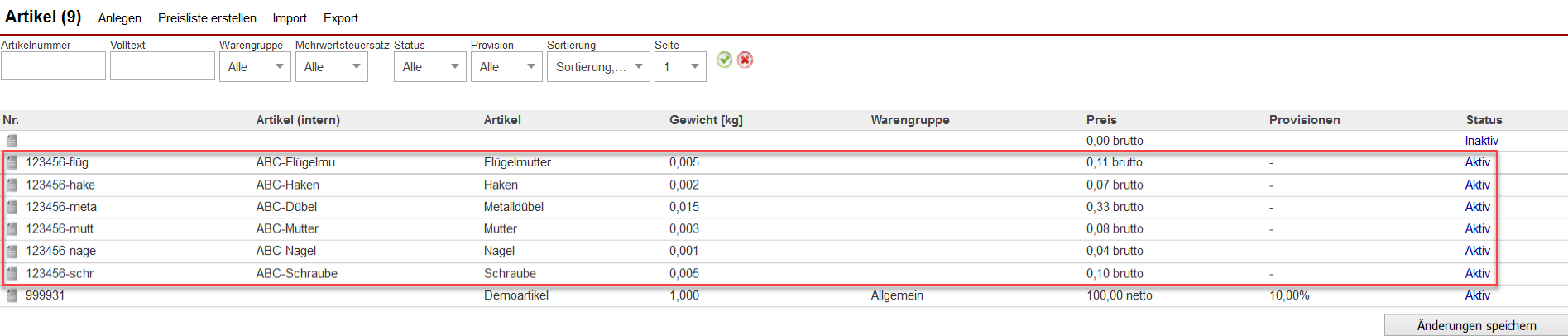 Screenshot Artikelliste mit neuen importieren Artikeln