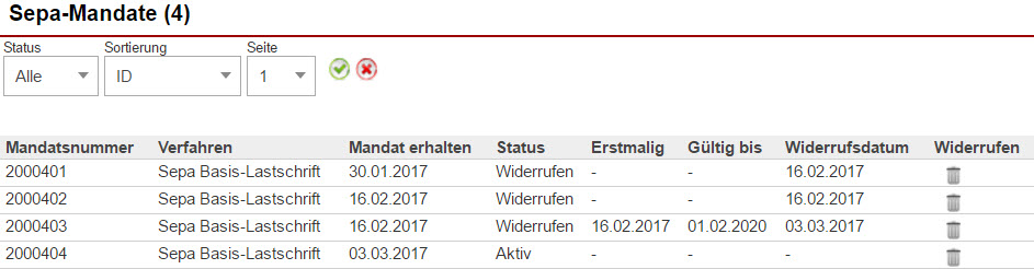 Screenshot Übersicht der SEPA-Mandate in der Kundenstammdatenansicht