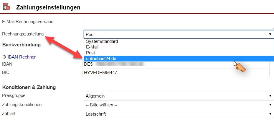 Screenshot Fenster für Zahlungseinstellungen mit aufgeklapptem Drop-down-Menü für die gewünschte Rechnungszustellungsart