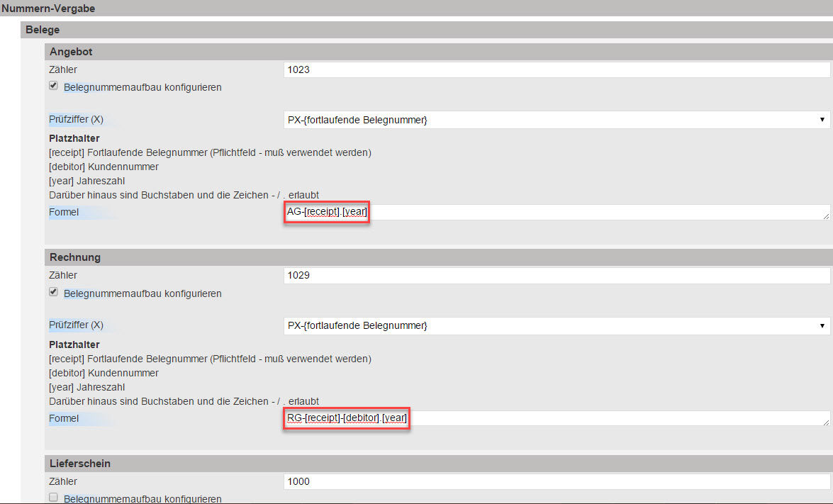 Screenshot Einstellungsmaske für die Belegnummernkonfiguration