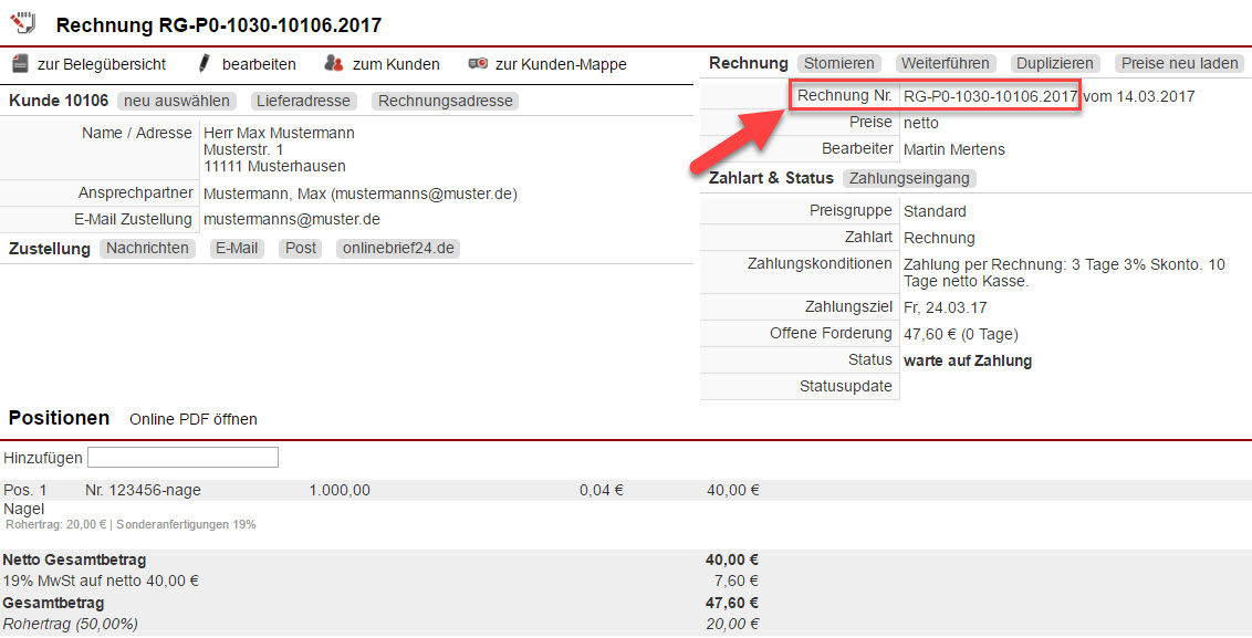 Screenshot Belegerstellungsmaske mit Markierung der hier ersichtlichen Belegnummer