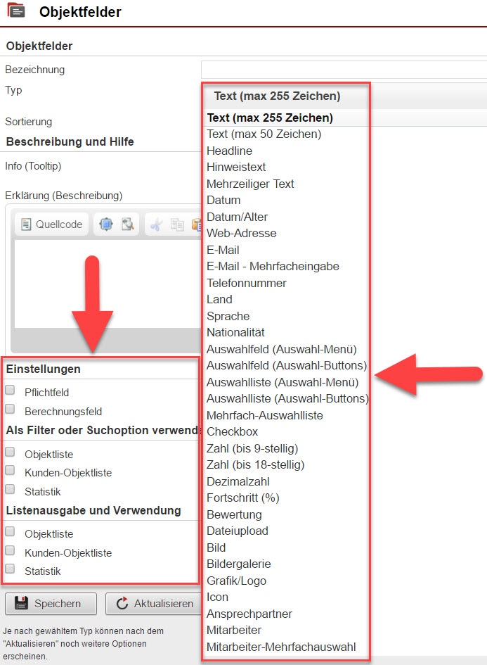 Screenshot Fenster zur Anlage eines Objektfelds mit Markierungen bei Einstellungsoptionen und den zur Auswahl stehenden Feldtypen
