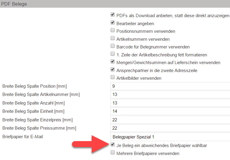 Screenshot Fakturaeinstellungen mit Pfeil auf Option "Je Beleg ein abweichendes Briefpapier wählbar"