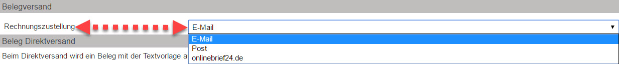 Screenshot Einstellungsbereich für die Standard-Versandart für Rechnungen