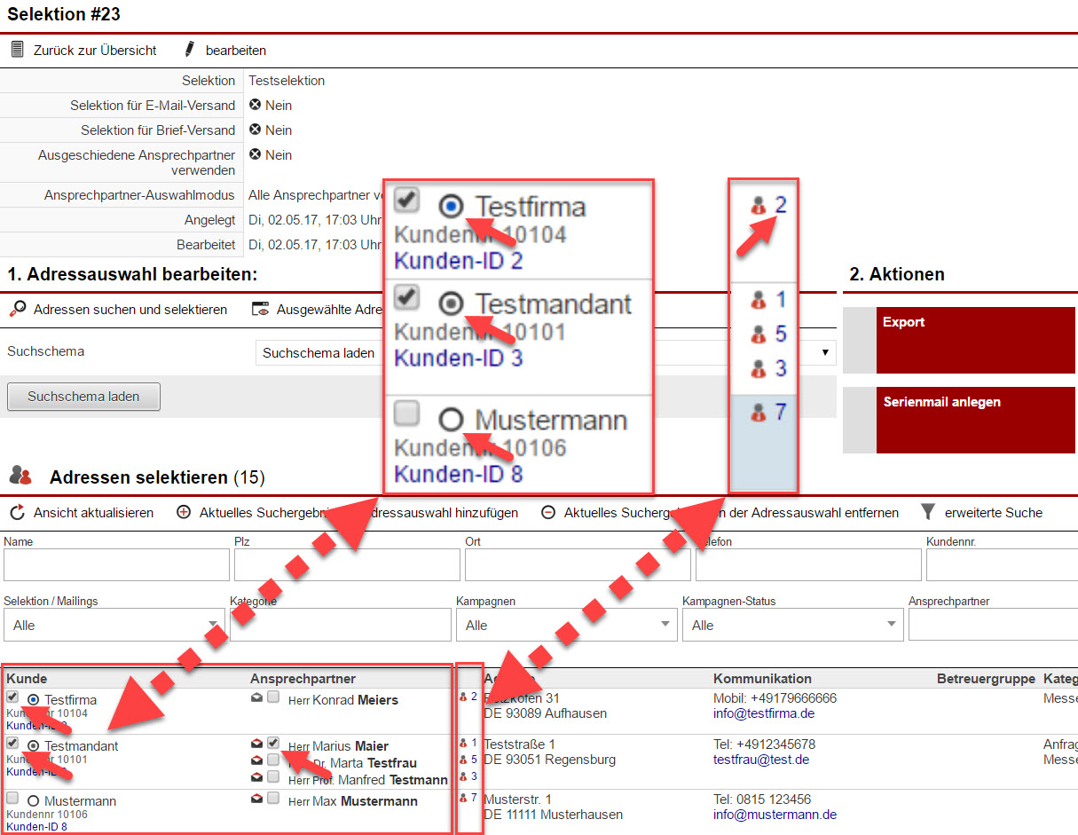 Screenshot Fenster Kundenselektion mit verschiedenen markierten Bereichen.