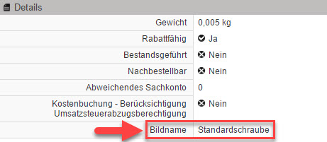 Screenshot Bereich "Details" in der Artikelstammdatenansicht mit Markierung auf einem verwendetem Zusatzfeld