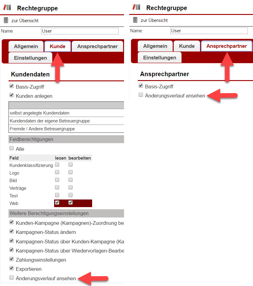 Screenshots der Rechtegruppeneinstellungen für Kunden und Ansprechpartnern mit Markierungen bei verschiedenen Punkten