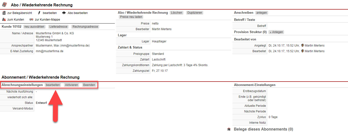 Screenshot Belegerstellungsmaske mit Markierung der Punkte für die Abrechnungseinstellungen