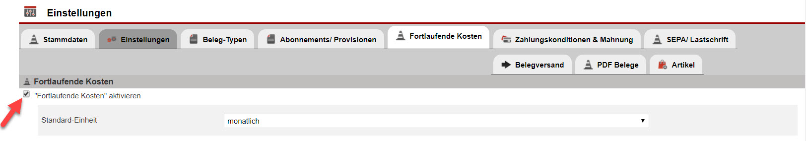 Screenshot Fakturaeinstellungsbereich zum Aktivieren von fortlaufenden Kosten