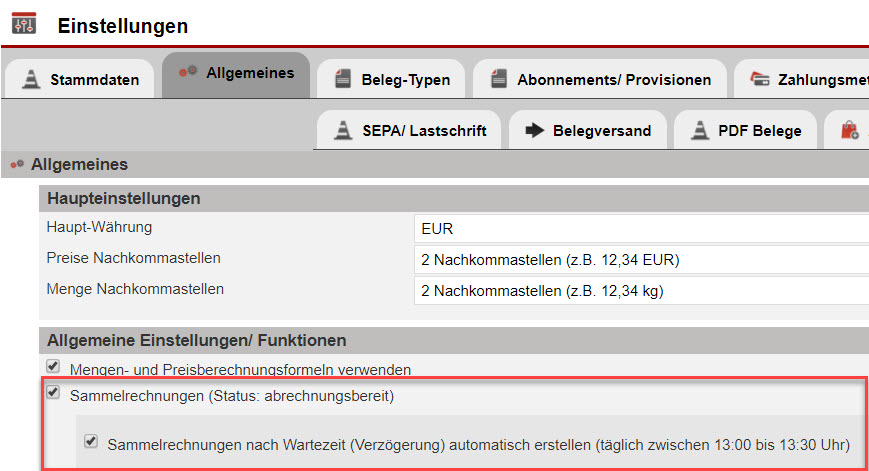 Screenshot Faktura-Einstellungen Reiter "Allgemeines" mit Markierung auf den Optionen zur Aktivierung der Sammelrechnung