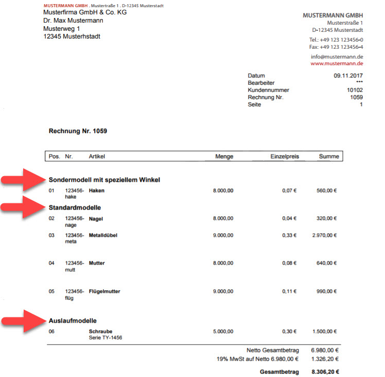 Screenshot fertig erstellte Sammelrechnung mit Markierung der Zwischenüberschriften