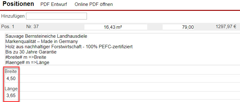 Screenshot Bereich zur Bearbeitung einer Belegposition mit Markierung der Eingabefelder für die Berechnungsformel