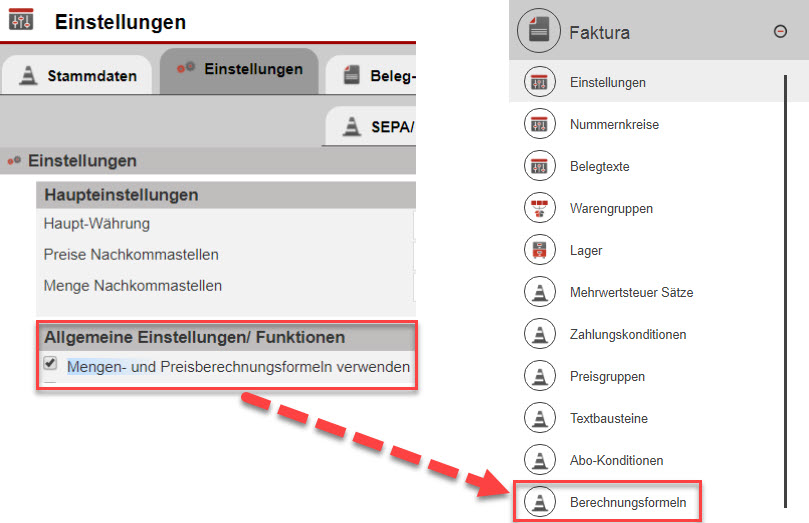 Screenshots der Fakturaeinstellungsmaske und der Navigationsleiste des Einstellungfensters mit Markierungen an verschiedenen Stellen