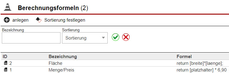 Screenshot Übersicht angelegter Berechnungsformeln