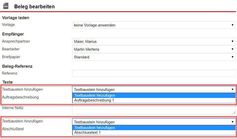 Screenshot Maske "Beleg bearbeiten" mit Markierungen der Dropdown-Menüs für die Auswahl der verschiedenen Textbausteine