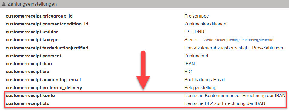 Screenshot Bereich "Zahlungseinstellungen" im Importer mit Markierung der Spaltenbenennungen für Kontonummer und Bankleitzahl