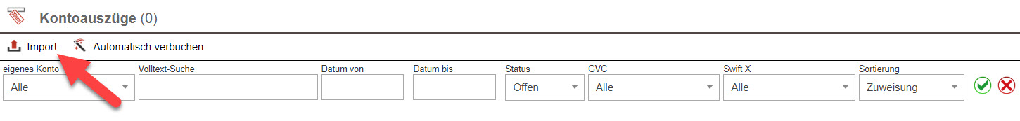 Screenshot Fenster "Kontoauszüge" mit Markierung des Buttons "Import"