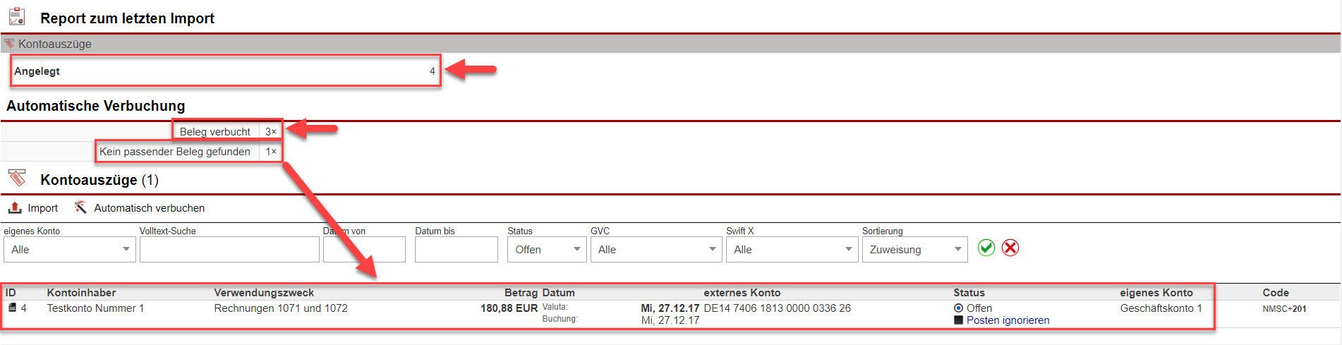 Screenshot des Fensters "Kontoauszüge" nach erfolgreichem Import mit verschiedenen Markierungen