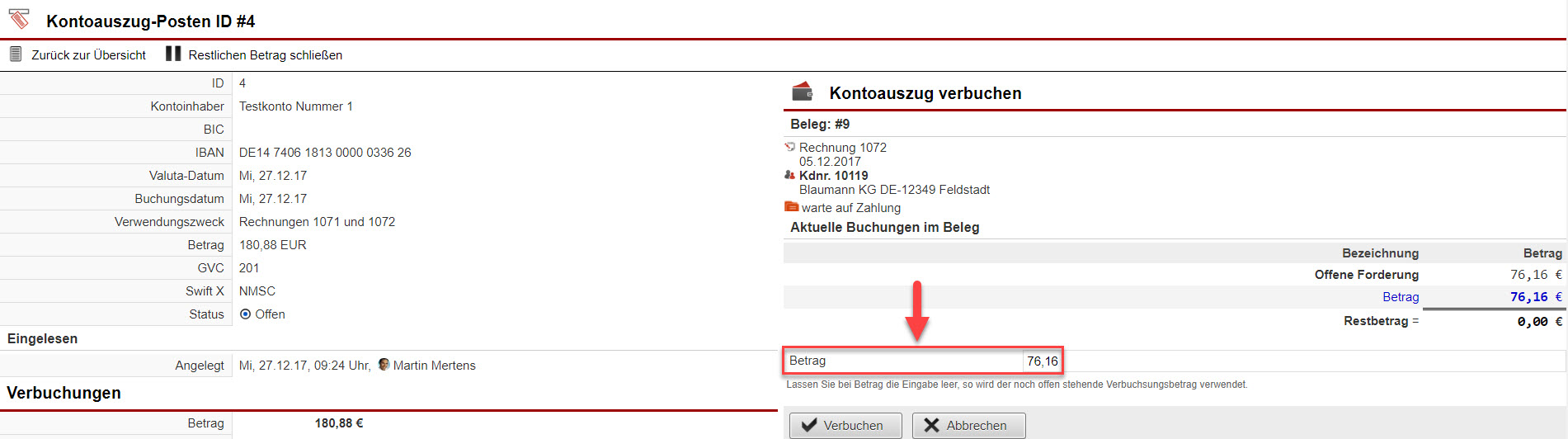 Screenshot der Maske für die manuelle Verbuchung eines Teilbetrags mit einem Beleg