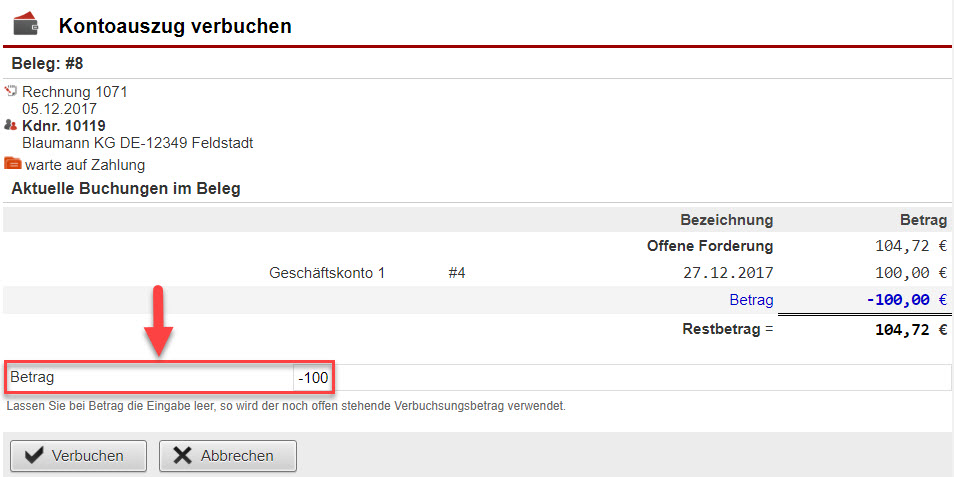 Screenshot der Maske für die manuelle Verbuchung eines Teilbetrags mit einem Beleg