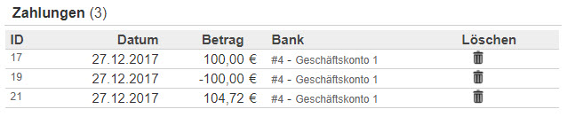 Screenshot Tabelle innerhalb der Belegmaske, die über Zahlungsbewegungen infortmiert