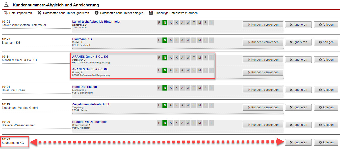 Screenshot der Maske zur manuellen Zuweisung von Kundennummern zu bestehenden Datensätzen.