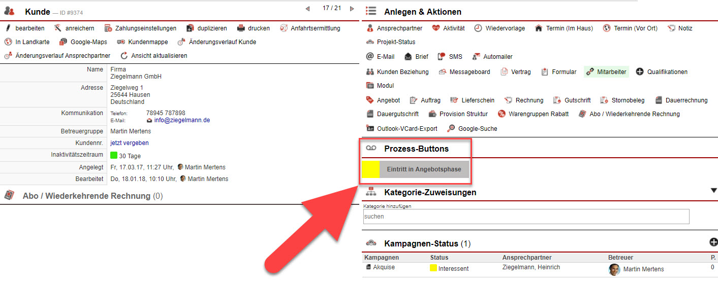 Screenshot Stammdatenansicht mit markiertem Prozess-Button