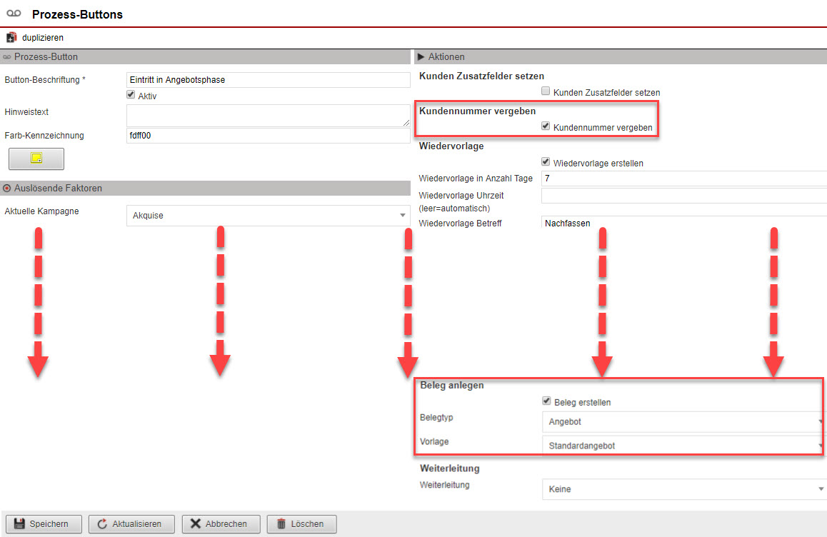 Screenshot der Bearbeitungsmaske zur Anlage eines Prozess-Buttons mit Markierungen auf den beiden neuen Funktionen