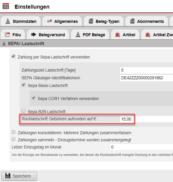 Screenshot Einstellungsbereich mit Markierung bei den Einstellungen für die Aktivierung des Umgangs mit Rücklastschriften