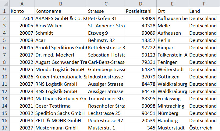 Screenshot Beispiel einer Ausgabetabelle von exportieren Debitoren