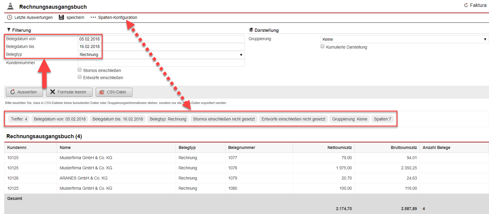 Screenshot des Rechnungsbuch mit verschiedenen Markierungen