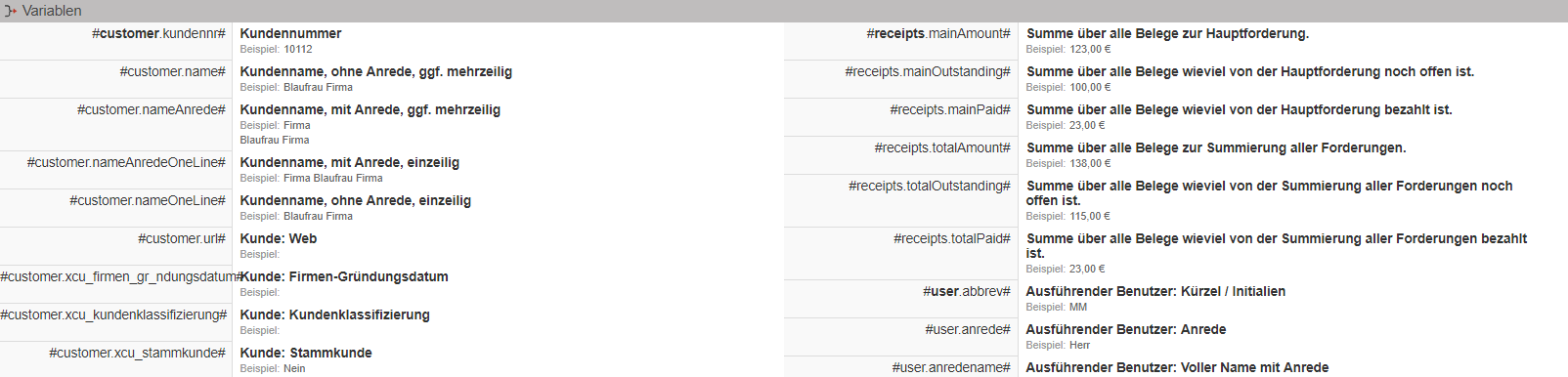 Screenshot Übersicht der Variablen zur Verwendung in den Textvorlagen in Mahnschreiben