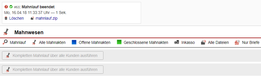 Screenshot Infobox mit Zusammenfassung eines durchgeführten Mahnlaufs