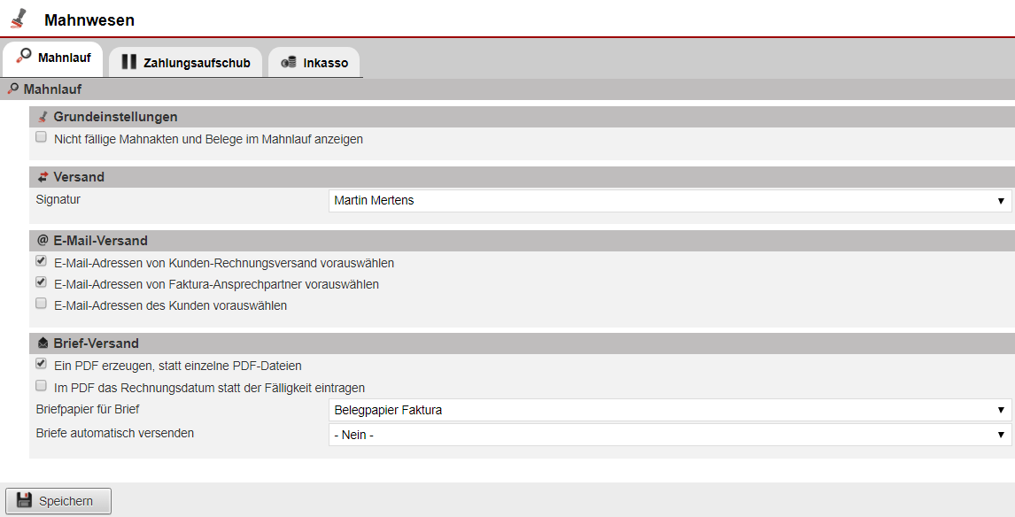 Screenshot Basiseinstellungsbereich für das Mahnwesen