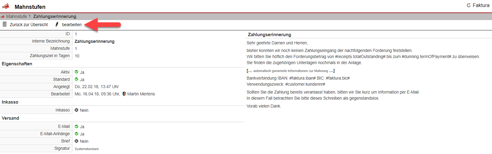 Screenshot eines geöffneten Übersichtsfensters einer Mahnstufe