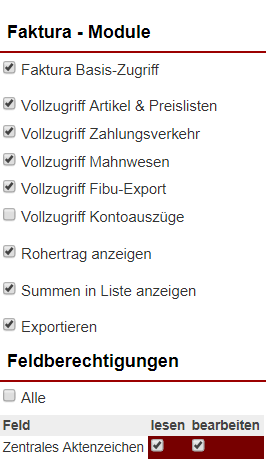 Screenshot allgemeine Faktura-Rechte-Einstellungen