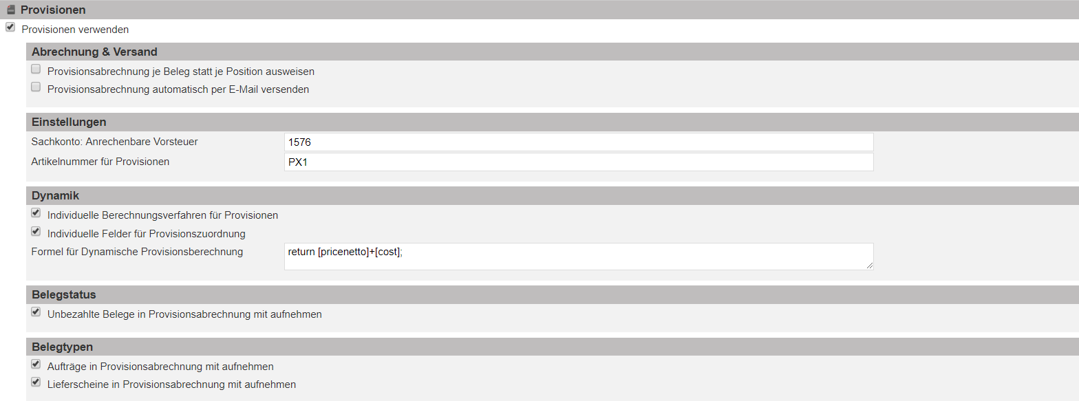 Screenshot Grundeinstellungen des Provisionsmoduls