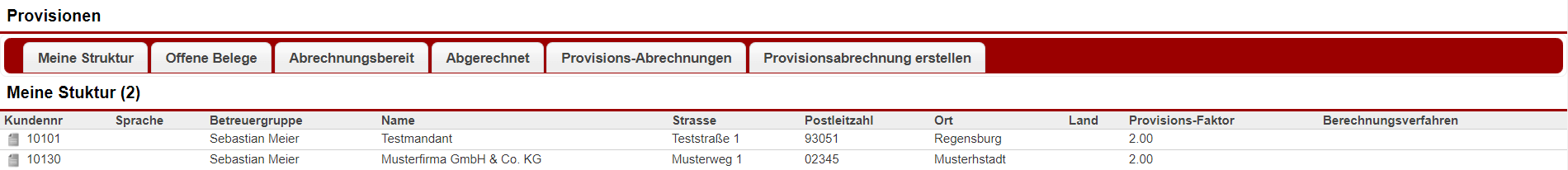Screenshot des Bereichs "Meine Struktur" innerhalb des Faktura-Menü-Punkts "Provisionen"