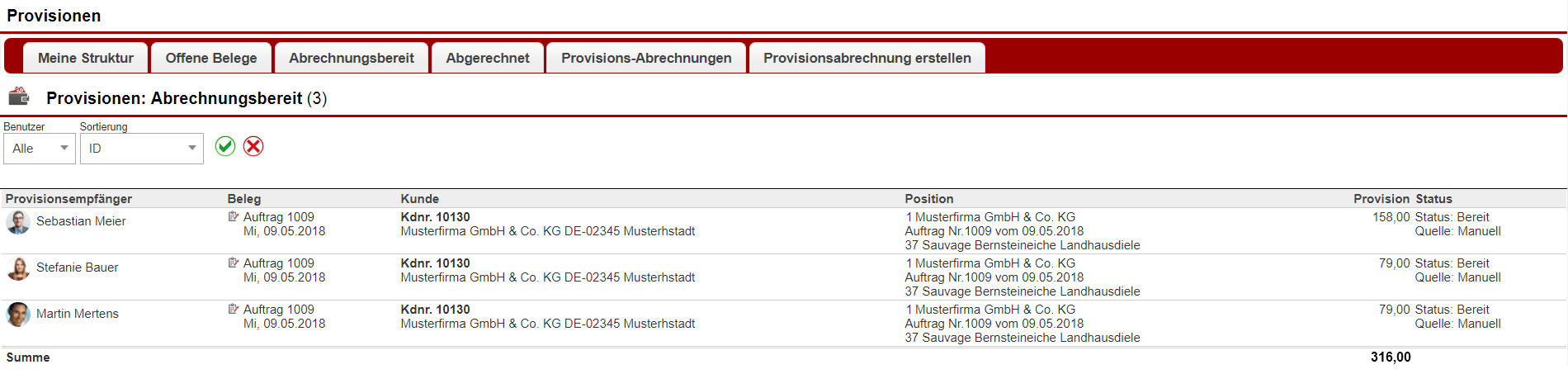 Screenshot des Bereichs "Abrechnungsbereit" innerhalb des Faktura-Menü-Punkts "Provisionen"