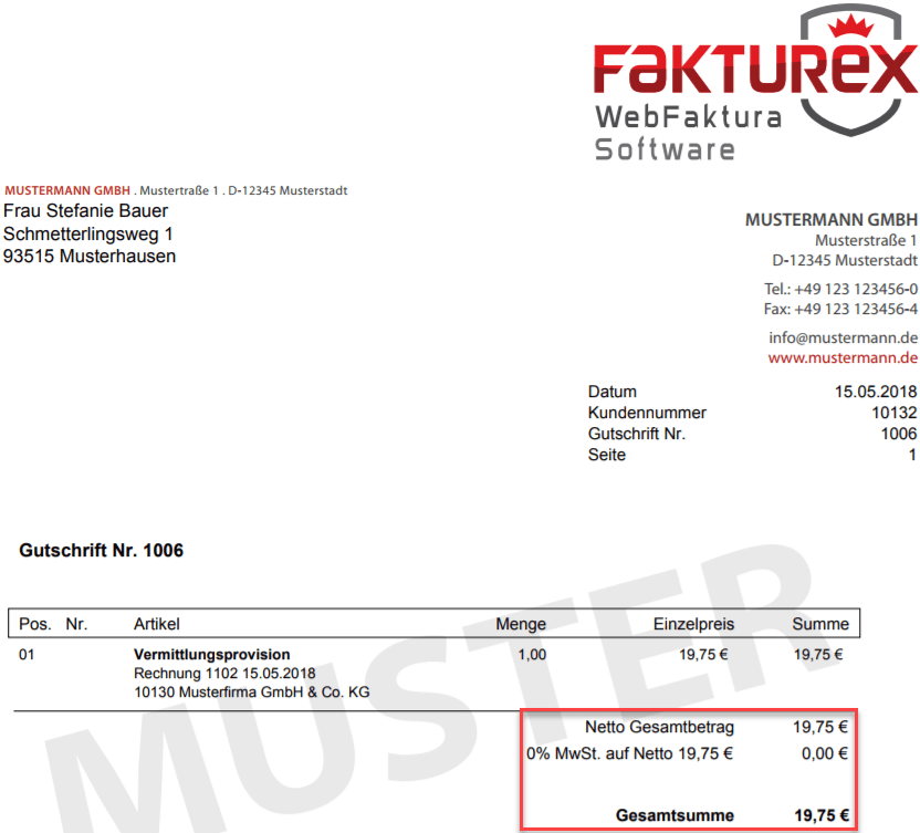 Screenshot Gutschriftsbeleg für Mitarbeiter ohne Umsatzsteuerabzugsberechtigung