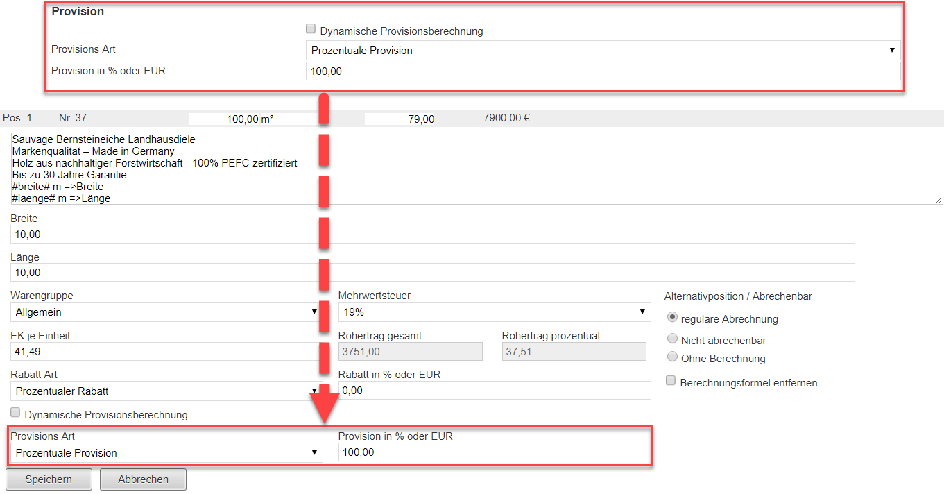 Screenshots Bereiche zum Festlegen von Provisionen bei Artikeln/Dienstleistungen