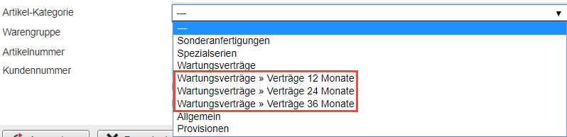 Screenshot des Drop-Down-Menüs zur Filterung nach Artikel-Kategorien mit Markierung von Unterkategorien