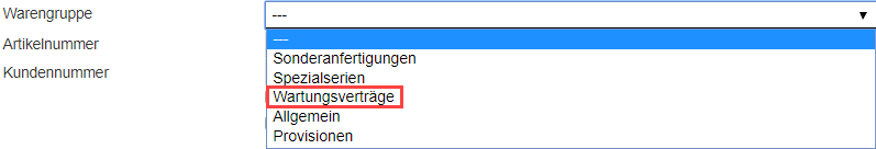 Screenshot des Drop-Down-Menüs zur Filterung nach Warengruppen mit Markierung einer Hauptkategorie