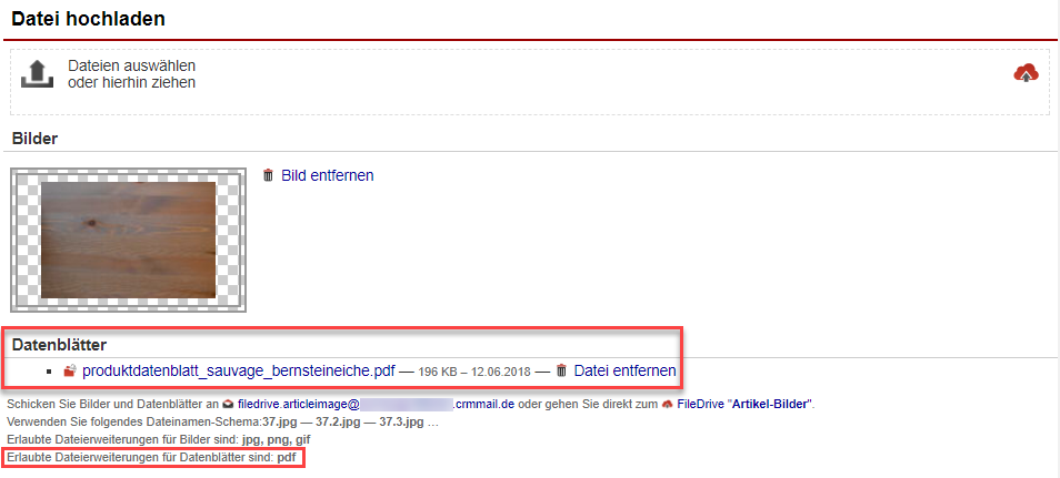 Screenshot hochgeladenes Bild und Datenblatt in einer Artikelstammansicht