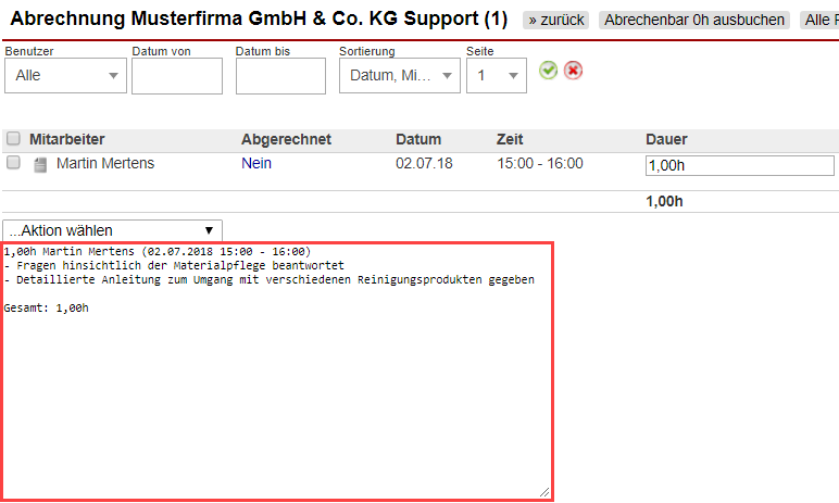 Screenshot Maske zur Abrechnung gebuchter Zeiten