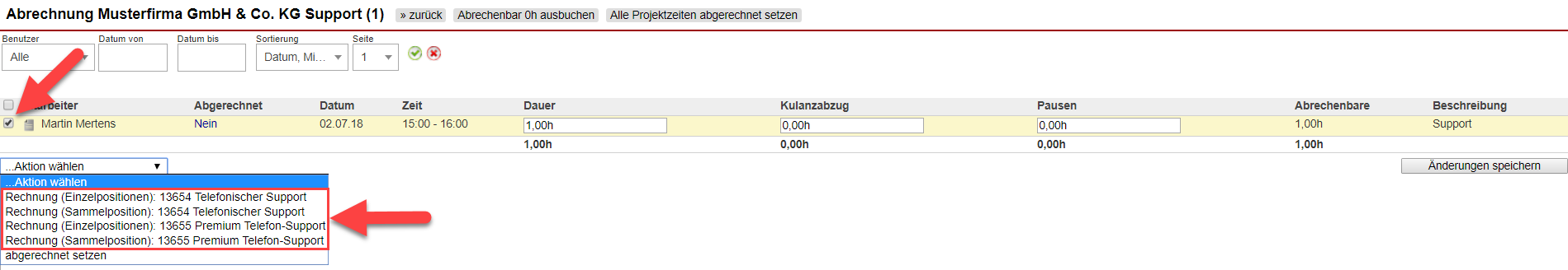 Screenshot Maske zur Abrechnung von gebuchten Zeiten mit Markierung des Dropdown-Menüs zur Überstellung von Buchungen an Fakturex