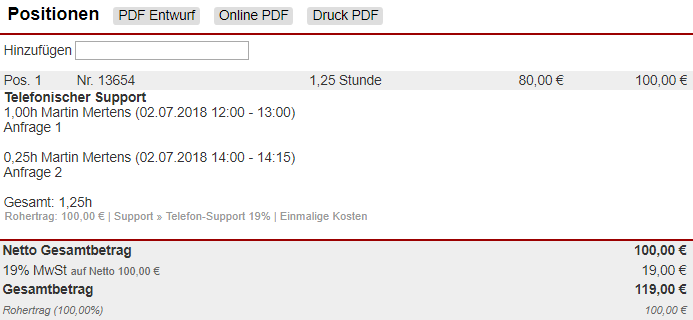 Screenshot Belegerstellungsmaske mit Abrechnung von telefonischer Supportzeit als Position