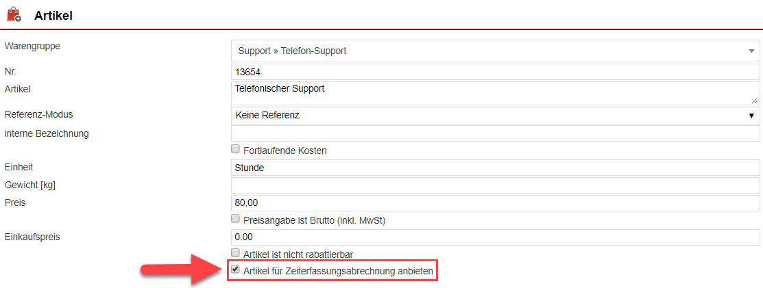 Maske zur Artikelanlage mit Markierung der Option, die den Artikel auch für Zeitabrechnungen verfügbar macht